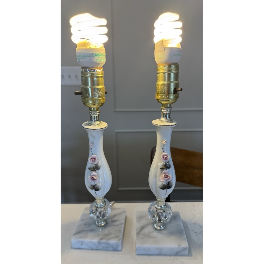 Vintage Porcelain Boudoir Lamps (2) Marble Base Roses Green Pink White Gold 50's